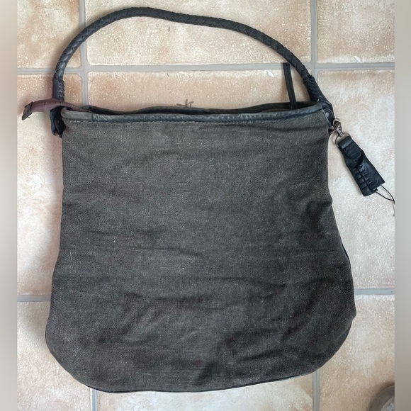 Free People Wilhelmina Canvas Leather Black / Gray/Denim Ruffle Boho Bucket Bag - Picture 4 of 5